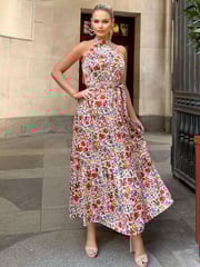 AX Paris Multi Print High Neck Tie Belt Midi Dress - Image 3 of 4