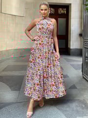 AX Paris Multi Print High Neck Tie Belt Midi Dress - Image 4 of 4