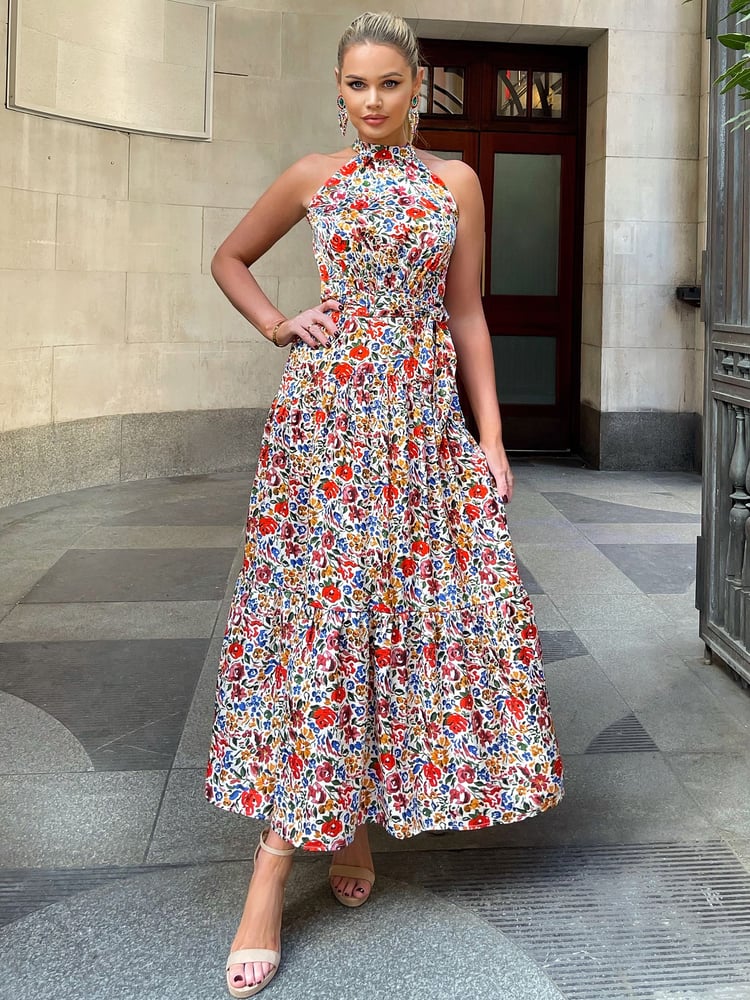 AX Paris Multi Print High Neck Tie Belt Midi Dress - Image 4 of 4