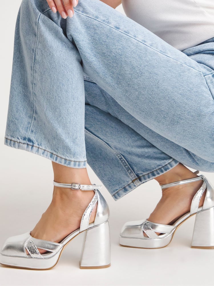 Simply Be Silver Extra Wide Fit Platform Heeled Shoes - Image 2 of 4