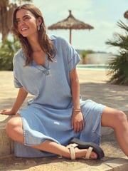 Mittelblau - Leichtes Midi-Tunikakleid aus Denim mit Leinen - Bild 4 von 6