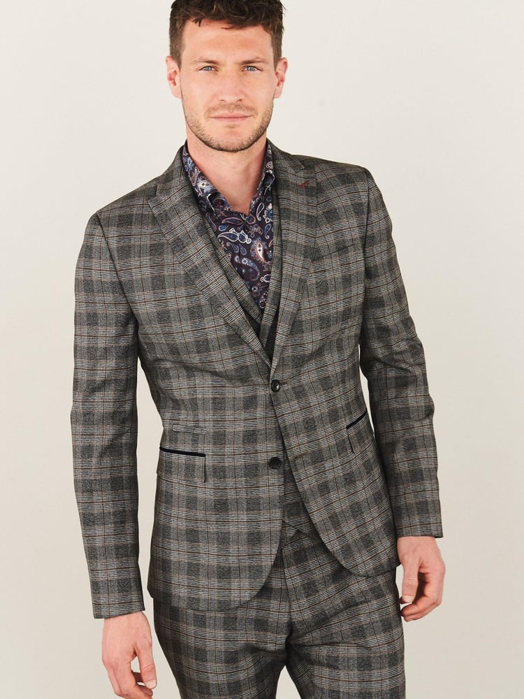 Grey Trimmed Check Suit: Waistcoat - Image 1 of 5 Grey Trimmed Check Suit: Waistcoat - Image 1 of 5