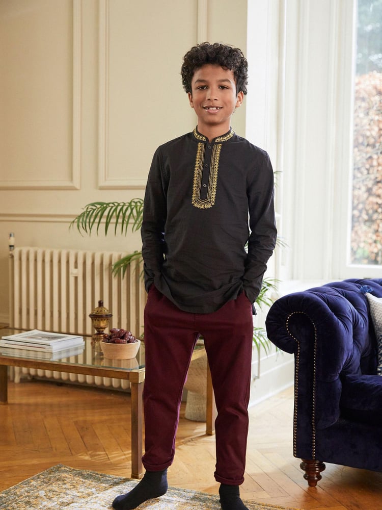 Black Shirt Length Embroidered Boys Kurta (3-16yrs) - Image 1 of 6