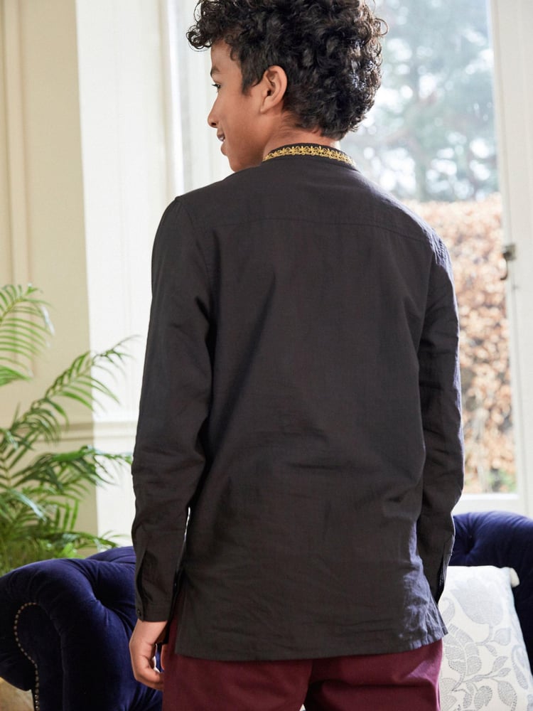 Black Shirt Length Embroidered Boys Kurta (3-16yrs) - Image 2 of 6