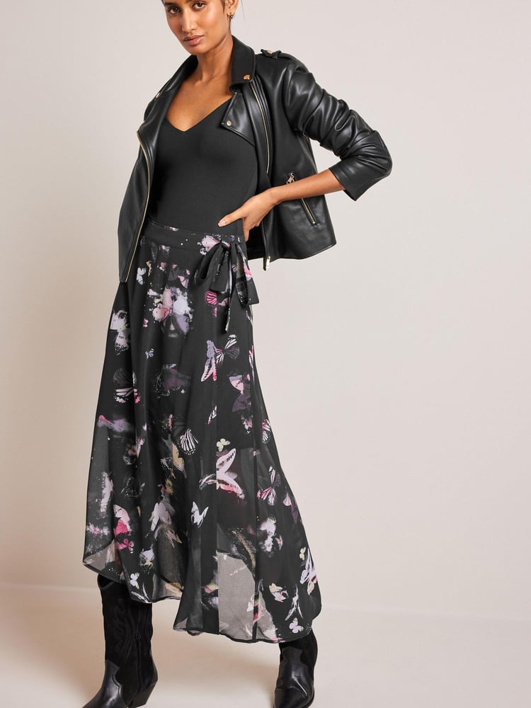 Black Butterfly Print Asymmetric Hem Skirt - Image 1 of 6