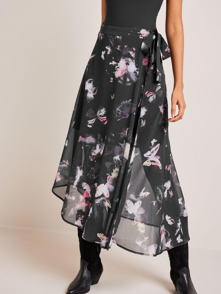 Black Butterfly Print Asymmetric Hem Skirt - Image 2 of 6