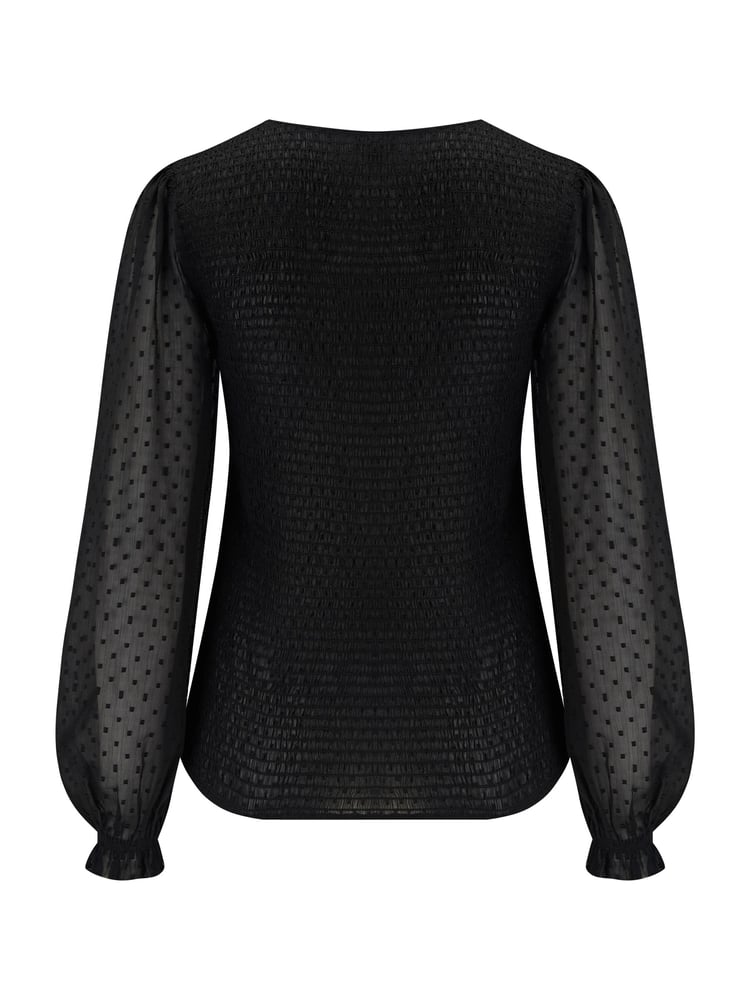 Pour Moi Black Willow Shirred Bodice Chiffon Long Sleeve V-Neck Blouse - Image 4 of 4