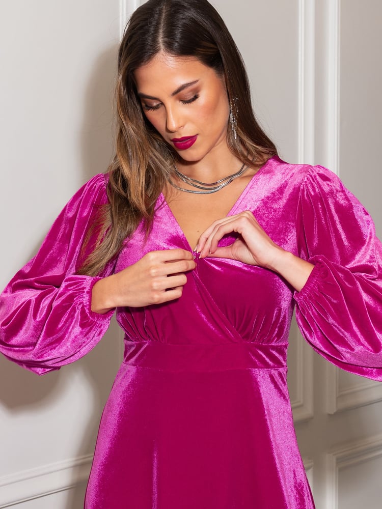 Pour Moi Pink Charlotte Tie Back Stretch Velvet Long Sleeve Midi Dress - Image 2 of 4
