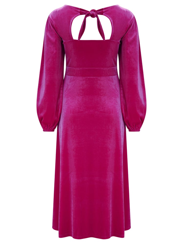 Pour Moi Pink Charlotte Tie Back Stretch Velvet Long Sleeve Midi Dress - Image 4 of 4