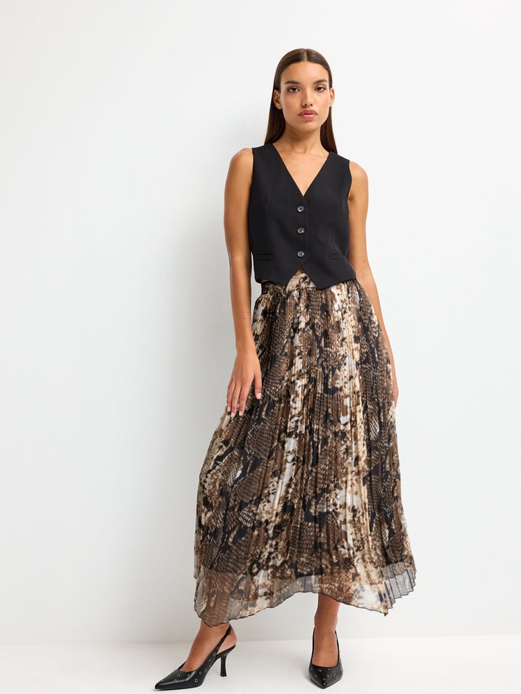 Green Animal Snake Print Pleated Chiffon Midi Skirt - Image 1 of 6