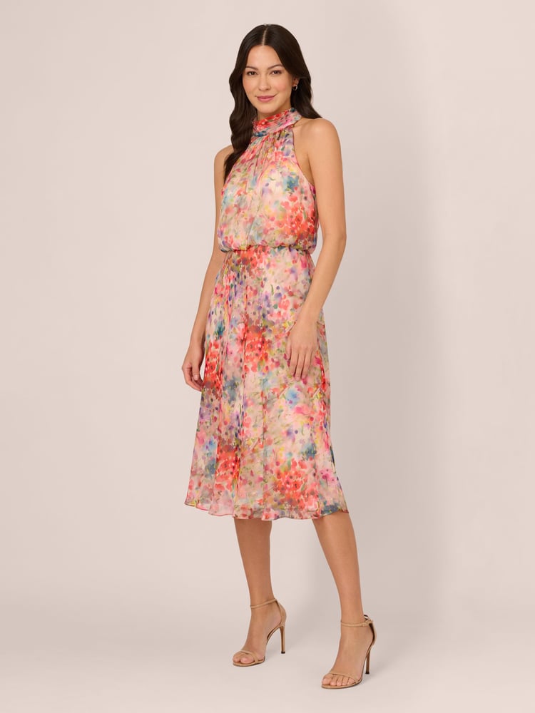 Adrianna Papell Red Halter Tie Blouson Midi Dress - Image 1 of 6