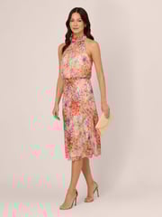 Adrianna Papell Red Halter Tie Blouson Midi Dress - Image 3 of 6