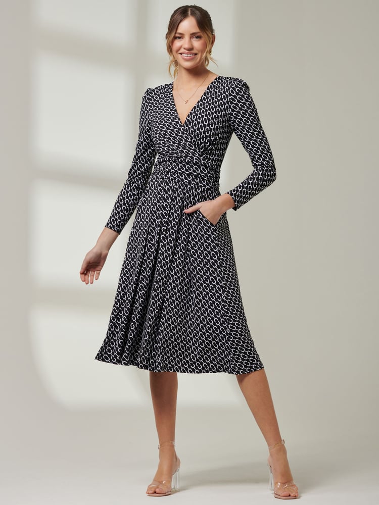 Jolie Moi Black Front Wrap V-Neck Midi Dress - Image 1 of 6