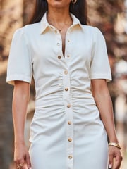 Sosandar Cream 100% Cotton Ruched Detail Short Sleeve Shirt Midi Dress - Image 4 of 4