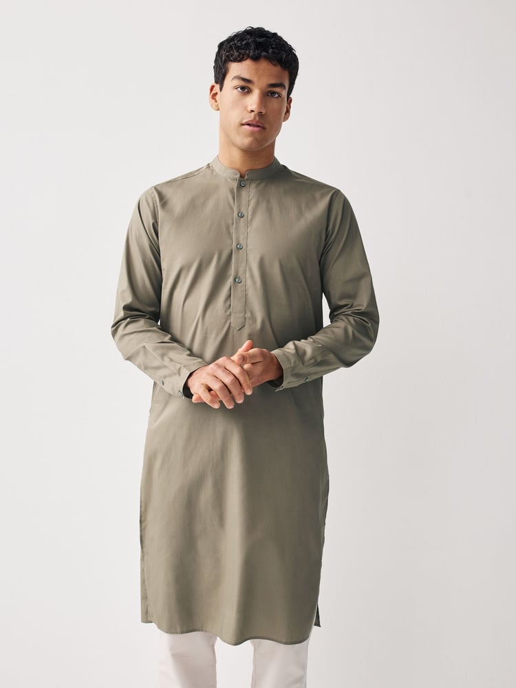 Neutral Brown Regular Fit Cotton Round Neck Kurta - Image 1 of 6