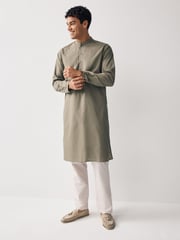 Neutral Brown Regular Fit Cotton Round Neck Kurta - Image 2 of 6