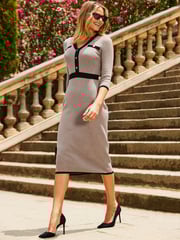 Sosandar Brown Contrast Trim Button Detail Knit Dress - Image 2 of 5