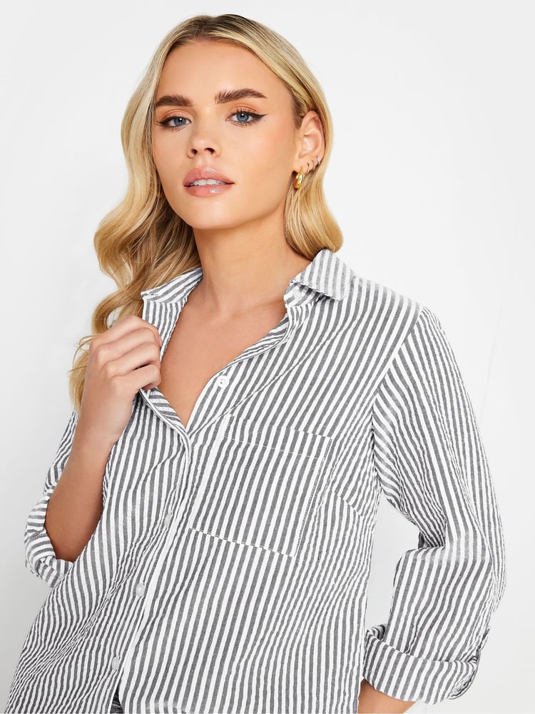 PixieGirl Petite Grey Oversize 100% Cotton Stripe Shirt - Image 4 of 4