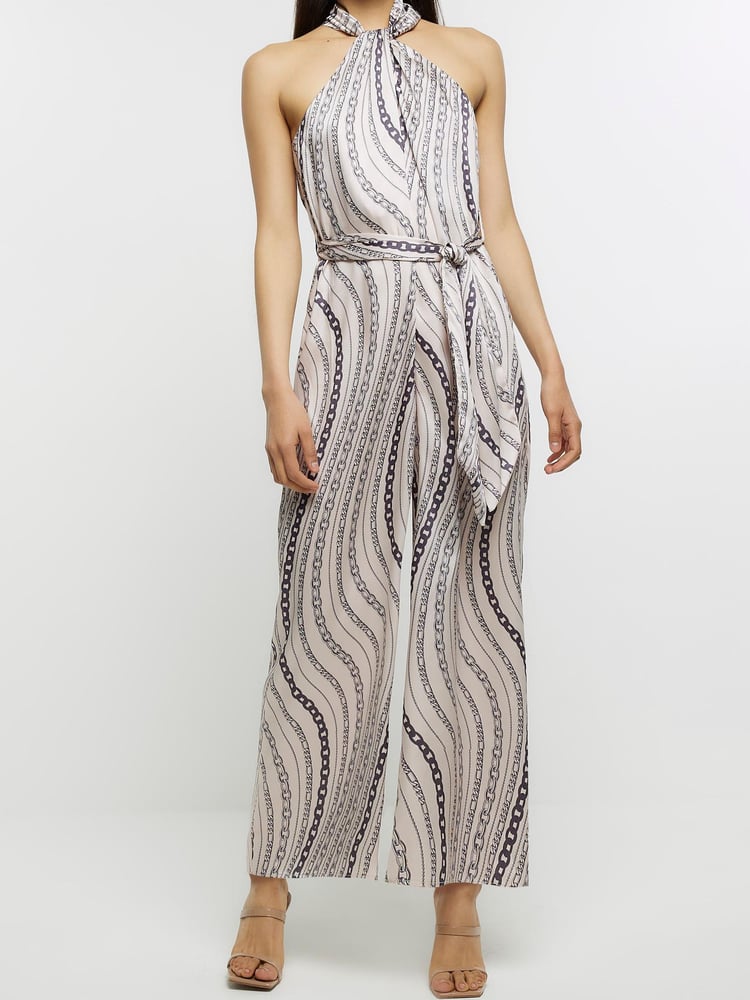 River Island White Chain Print Halter Jumpsuit - Image 1 of 4