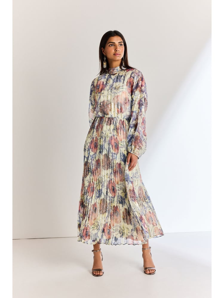 Blue Occasion Metallic Pleated Maxi Dress - Image 1 of 6