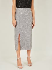 Yumi Silver Sequin Fitted Skirt With Front Slit - Image 1 of 5