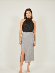 Yumi Silver Sequin Fitted Skirt With Front Slit - Image 3 of 5