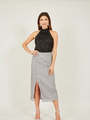 Yumi Silver Sequin Fitted Skirt With Front Slit - Image 4 of 5