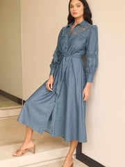 Lipsy Navy Blue Lace Detail Long Sleeve Midi Shirt Dress With Tie Belt - Image 1 of 4