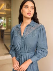 Lipsy Navy Blue Lace Detail Long Sleeve Midi Shirt Dress With Tie Belt - Image 2 of 4