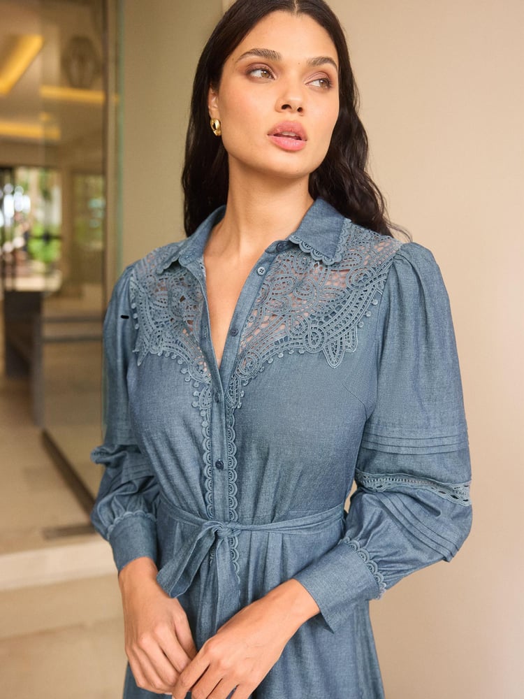 Lipsy Navy Blue Lace Detail Long Sleeve Midi Shirt Dress With Tie Belt - Image 2 of 4