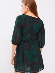 Green Printed Waisted Short Sleeve Mini Dress - Image 2 of 6