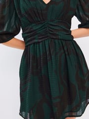 Green Printed Waisted Short Sleeve Mini Dress - Image 3 of 6