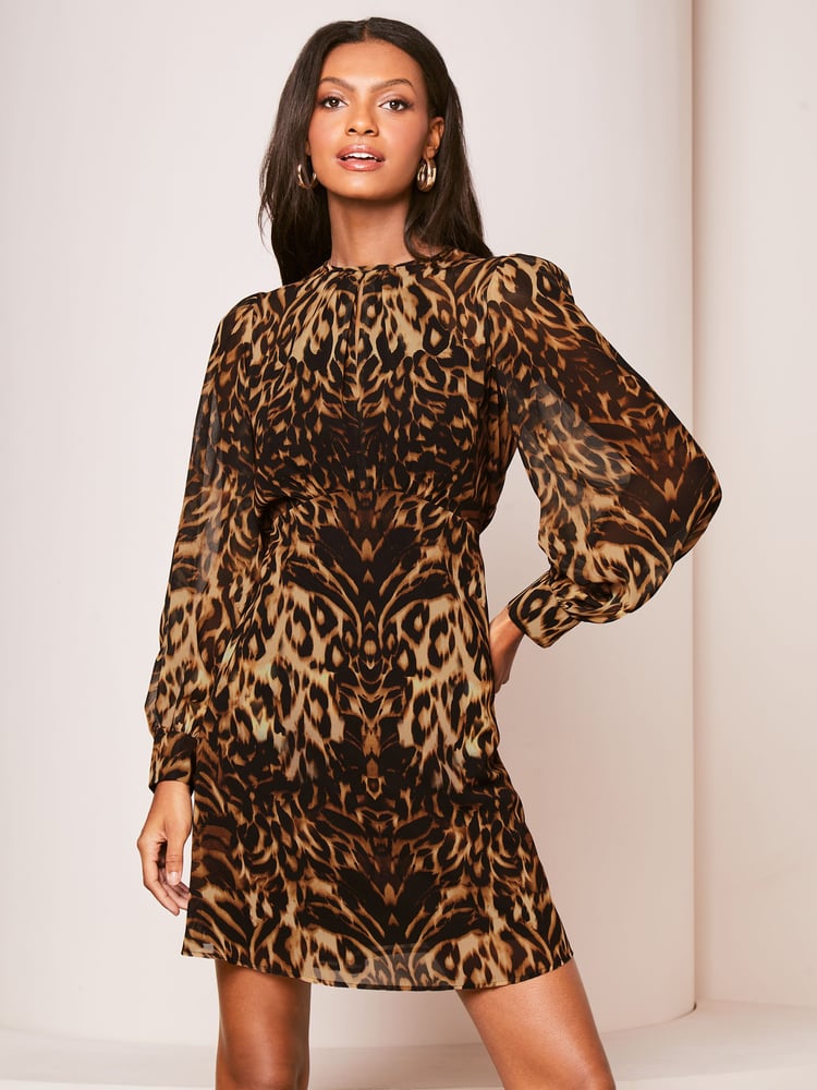 Lipsy Brown Animal Placement Printed Long Sleeve Shift Mini Dress - Image 1 of 4