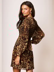 Lipsy Brown Animal Placement Printed Long Sleeve Shift Mini Dress - Image 2 of 4