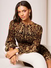 Lipsy Brown Animal Placement Printed Long Sleeve Shift Mini Dress - Image 4 of 4