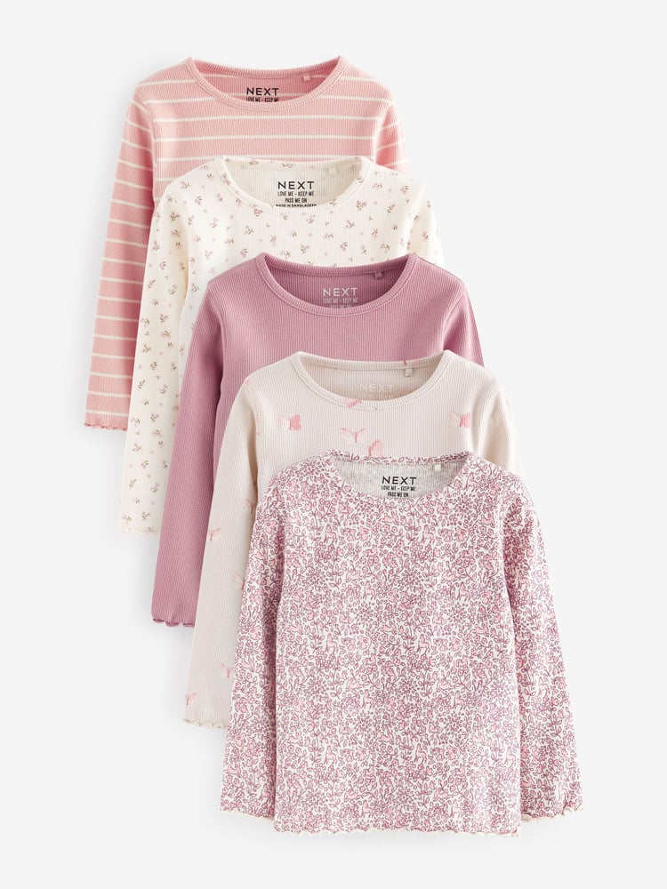 Pink Ribbed Long Sleeve Tops 5 Pack (3mths-7yrs) - Image 1 of 8