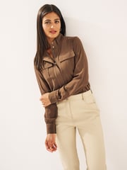 Brown Zip Front Utility Pocket Blouse - Image 1 of 3