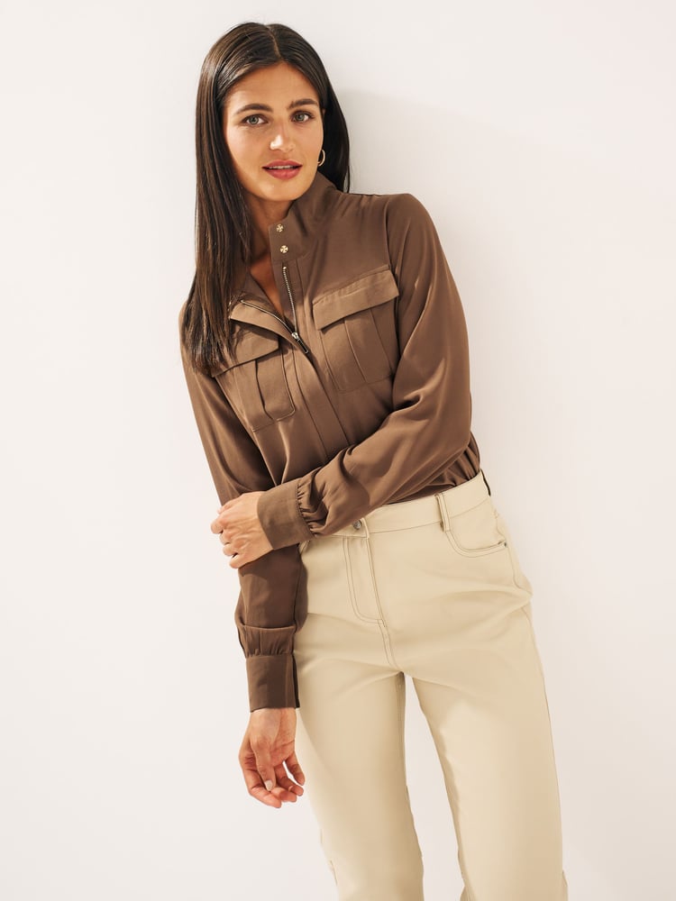 Brown Zip Front Utility Pocket Blouse - Image 1 of 3