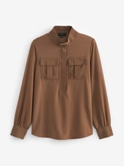 Brown Zip Front Utility Pocket Blouse - Image 2 of 3