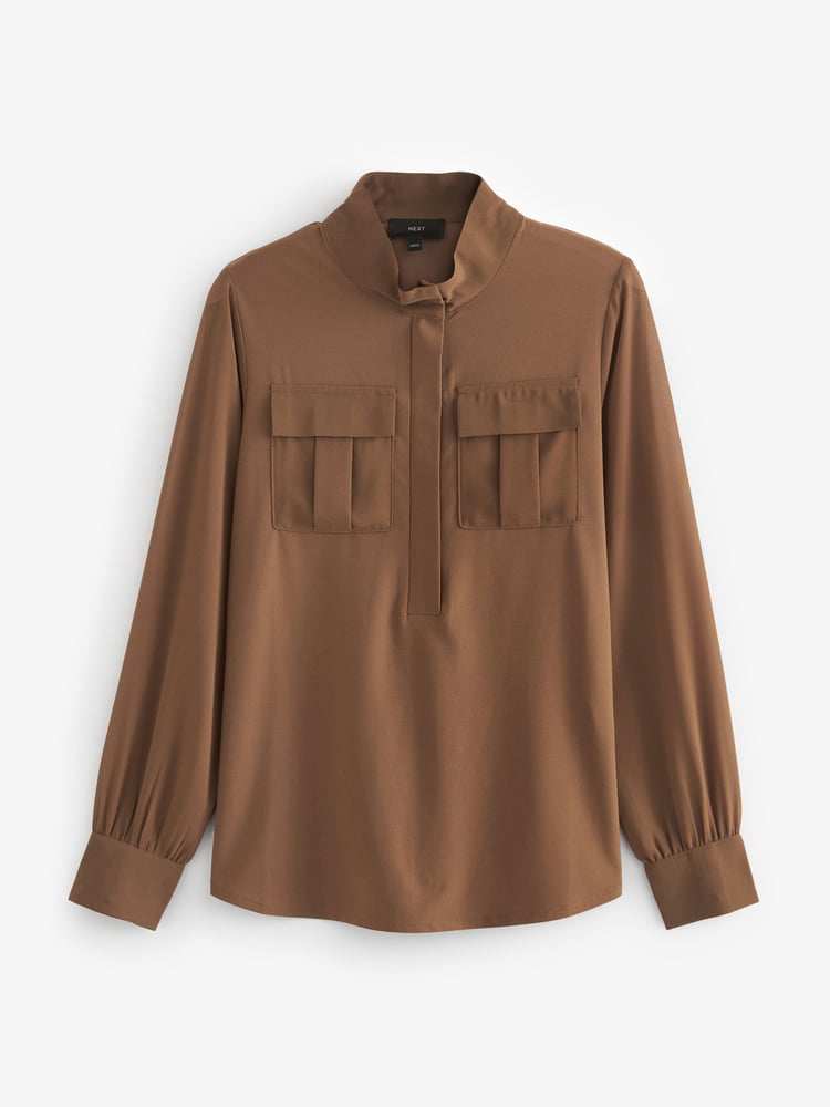 Brown Zip Front Utility Pocket Blouse - Image 2 of 3