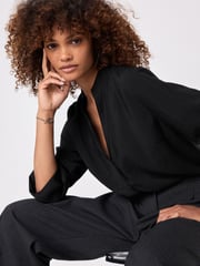 Black Long Sleeve Textured Overhead V-Neck Blouse - Image 1 of 7