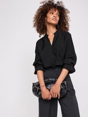 Black Long Sleeve Textured Overhead V-Neck Blouse - Image 3 of 7