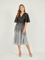 Yumi Black Ombre Sequin Midi Wrap Dress - Image 1 of 4