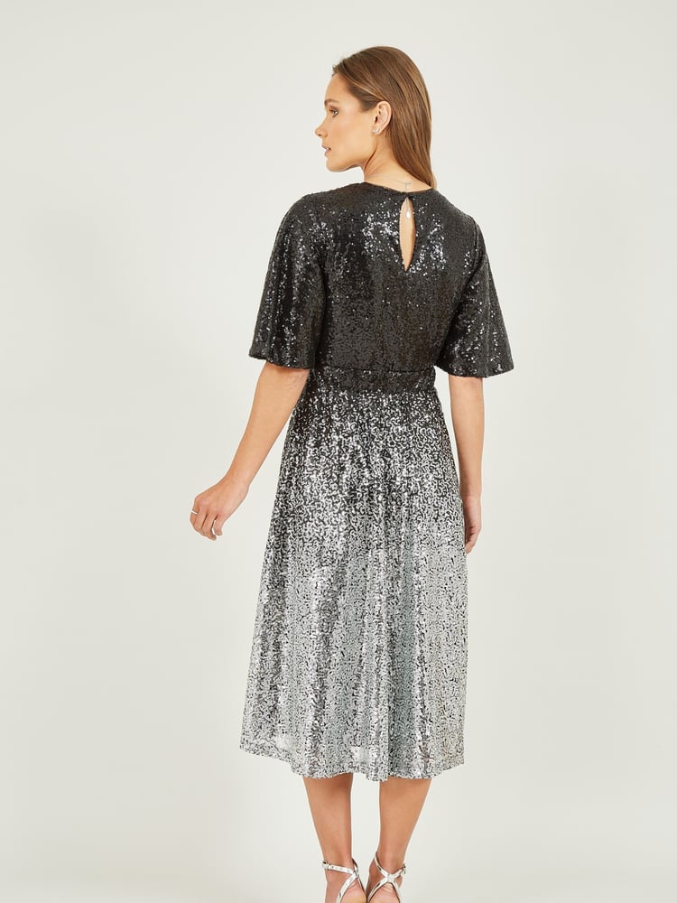 Yumi Black Ombre Sequin Midi Wrap Dress - Image 2 of 4