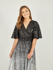 Yumi Black Ombre Sequin Midi Wrap Dress - Image 3 of 4