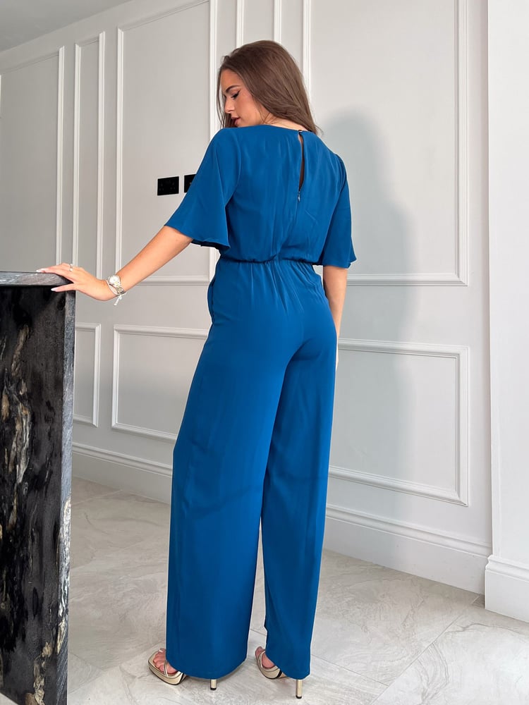 Girl In Mind Blue Petite Viola Wrap Tie Detail Wide Leg Jumpsuit - Image 2 of 4