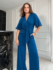 Girl In Mind Blue Petite Viola Wrap Tie Detail Wide Leg Jumpsuit - Image 4 of 4