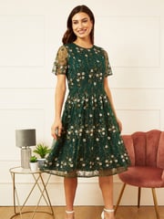 Yumi Green Embroidered Floral Skater Dress - Image 1 of 5