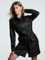 Black Coated Denim Mini Belted Shirt Dress - Image 1 of 7