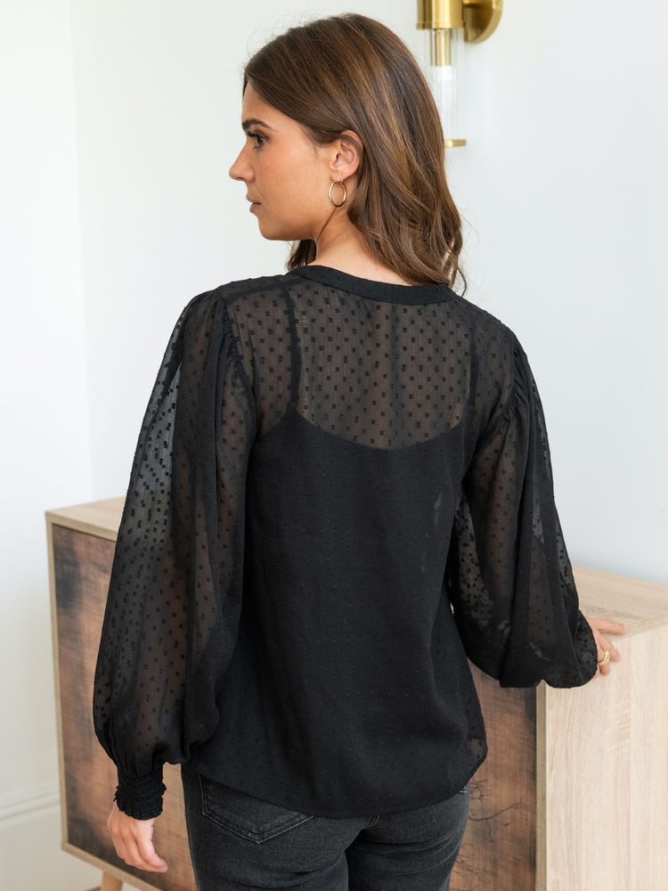 Pour Moi Black Embroidered Natasha Dobby Chiffon Long Sleeve Top - Image 2 of 4